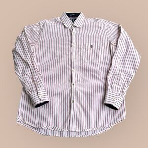 Louis Philippe Mens Red Pinstriped Cotton Dress Shirt Size 40 Collared Button